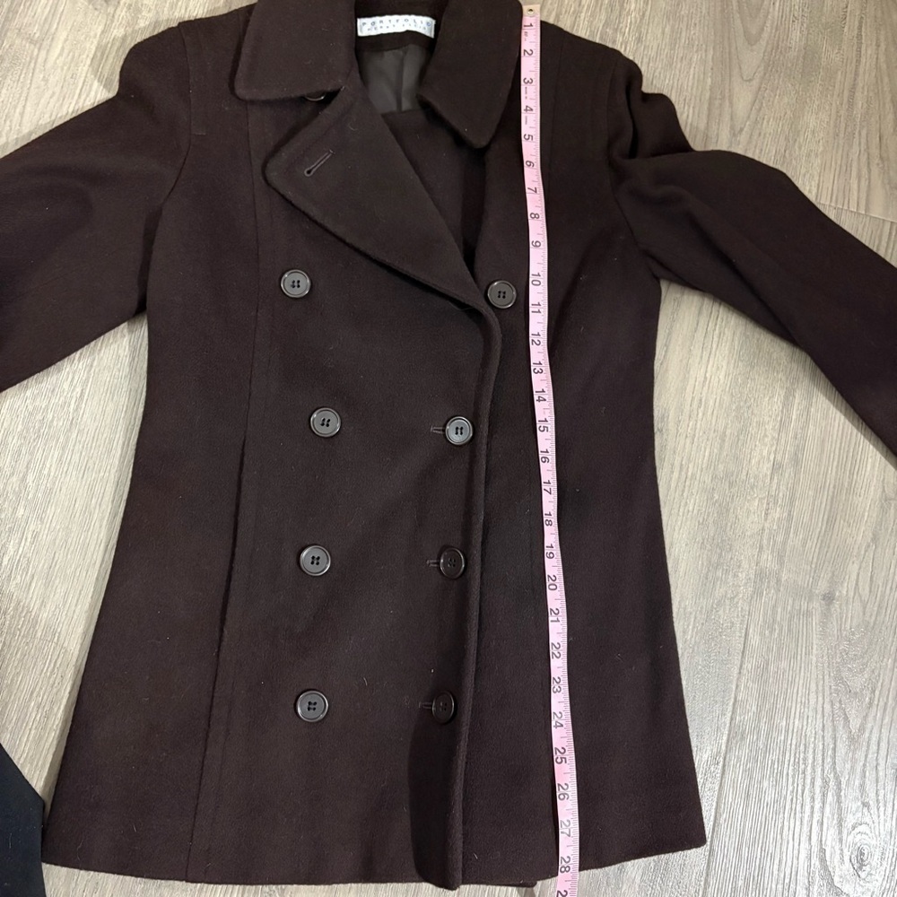 Vtg Perry Ellis Portfolio Pea Coat Brown 100% Merino Wool Size 4P Made USA - Picture 6 of 12